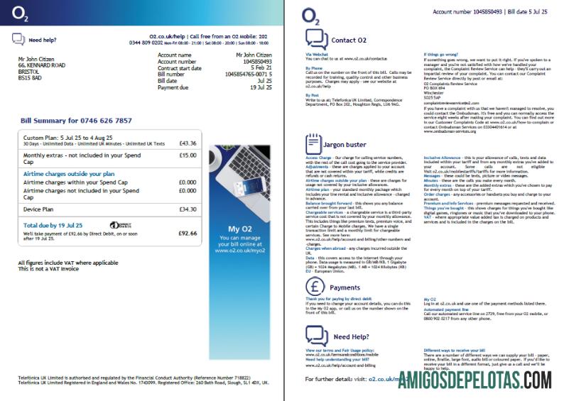 realista Modelo de conta de serviços públicos O2 dos EUA em formatos Word e PDF, 2 páginas, versão 3